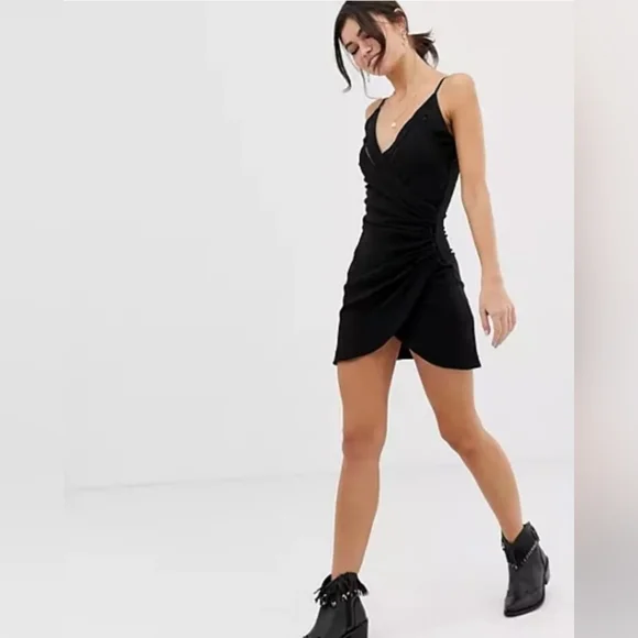 Free People Dylan Black Ruched Bodycon Mini Slip Dress Size Medium NWT - Main Image